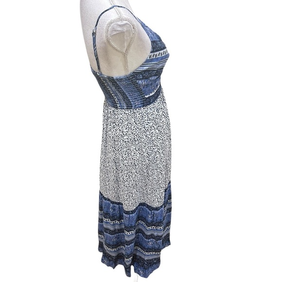 Japna Blue/navy/white Patterned rayon sundress smocked back front cutout small - Picture 10 of 12